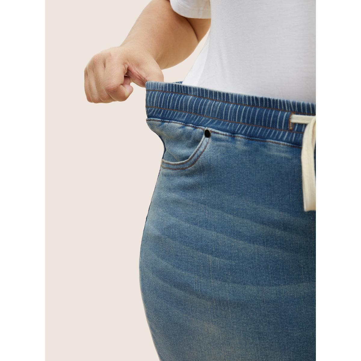 Plus Size Light Wash Drawstring Cropped Wide Leg Jeans Women Denimblue Casual Drawstring High stretch Slanted pocket Jeans BloomChic 30/6X Product Image