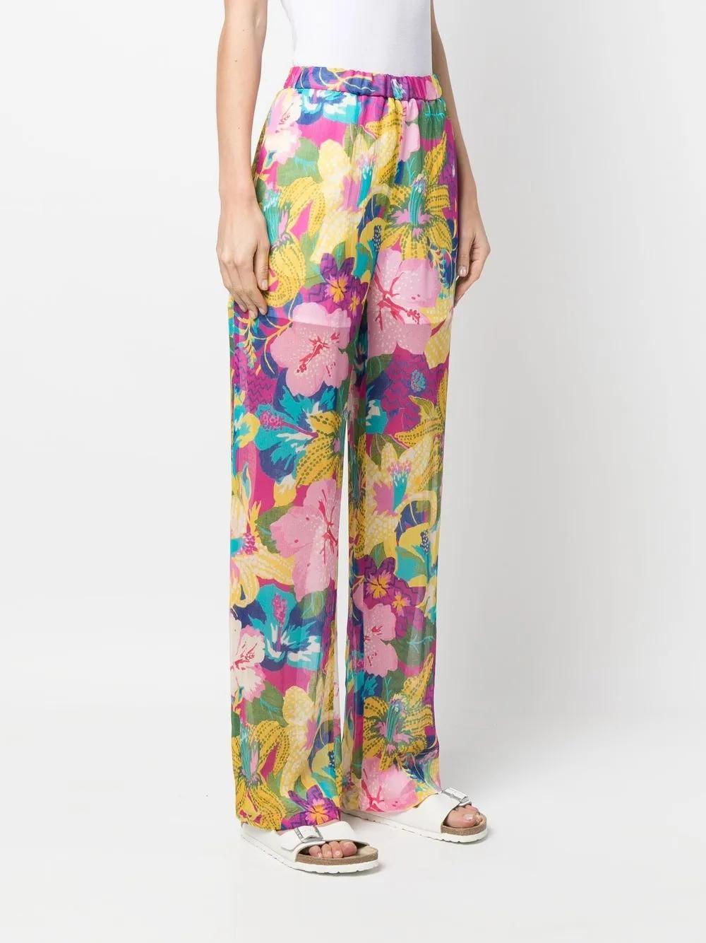 MSGM Tropical-print Semi-sheer Straight-leg Trousers In Pink Product Image