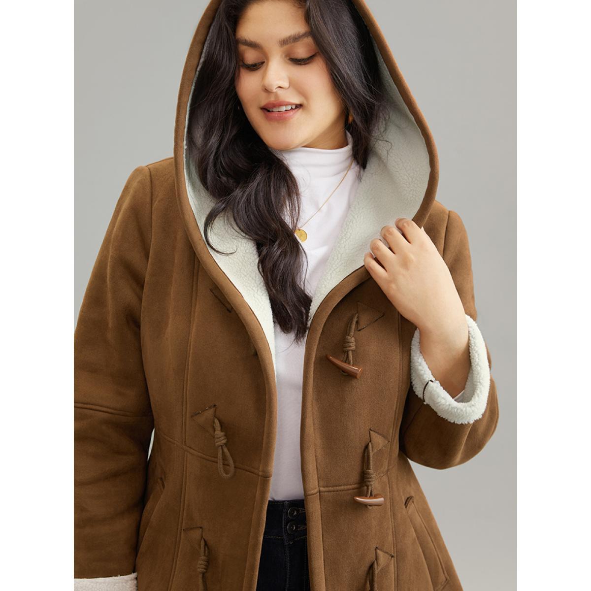 Plus Size Contrast Duffle Button Fluffy Hooded Coat Women DarkBrown Casual Lined Ladies Dailywear Winter Coats BloomChic 22-24/3X Product Image