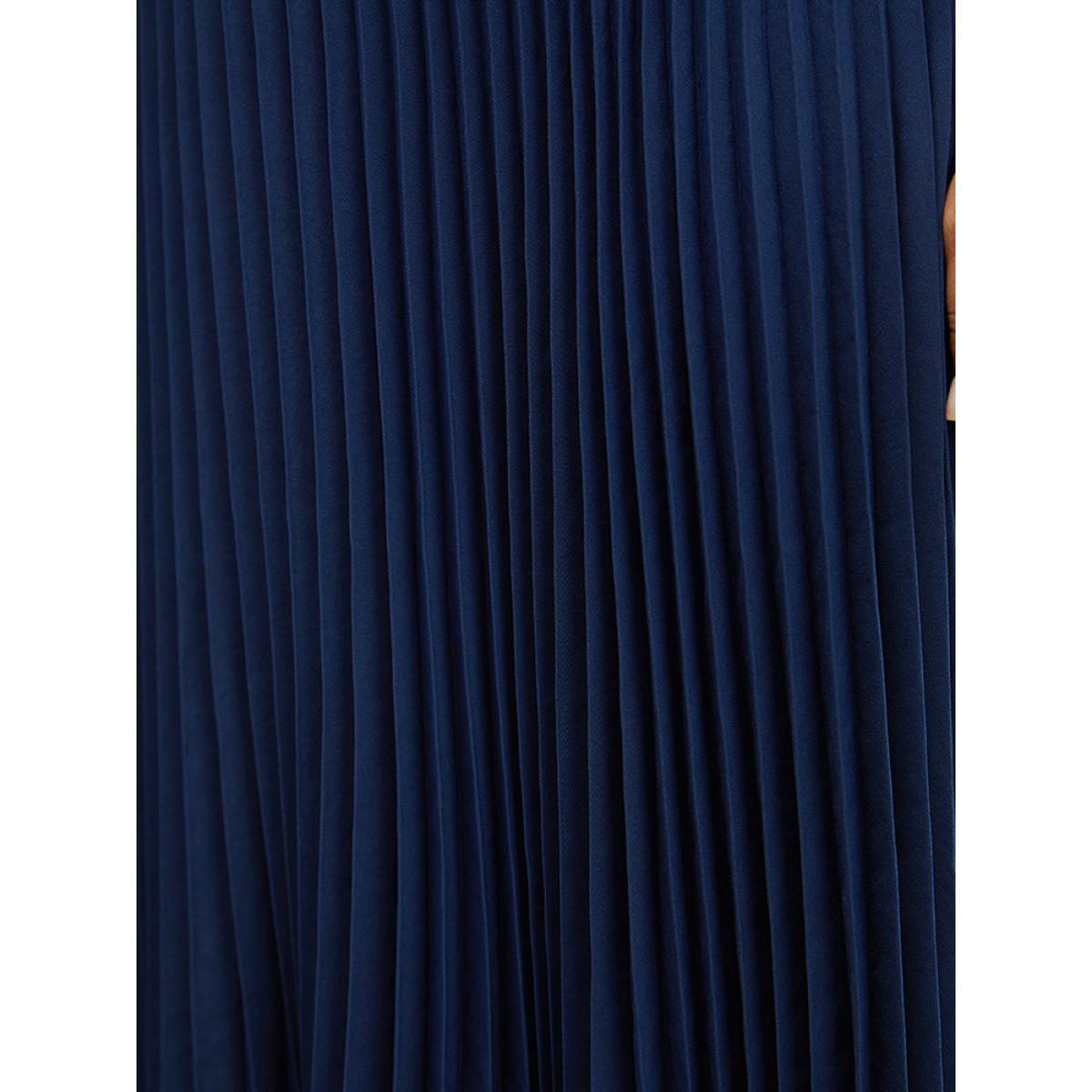 Plus Size Solid Keyhole Split Chiffon Petal Sleeve Pleated Hem Dress Navy Women Office Plain V-neck Short sleeve Curvy Midi Dress BloomChic 22-24/3X Product Image