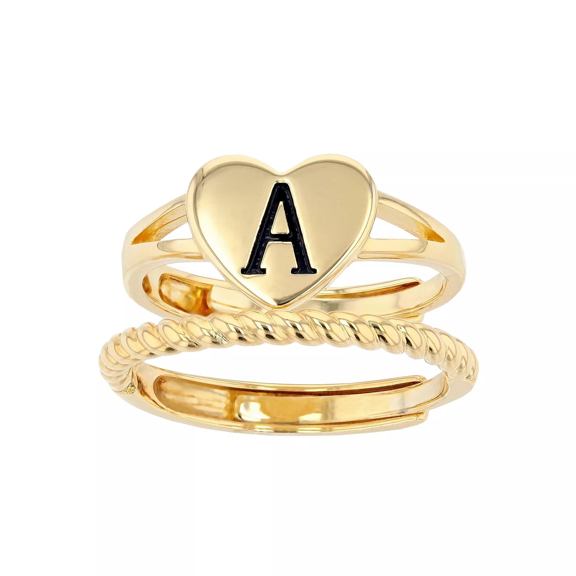 City Luxe Heart Initial & Textured Band Ring Set, Women's, Gold Tone A Product Image