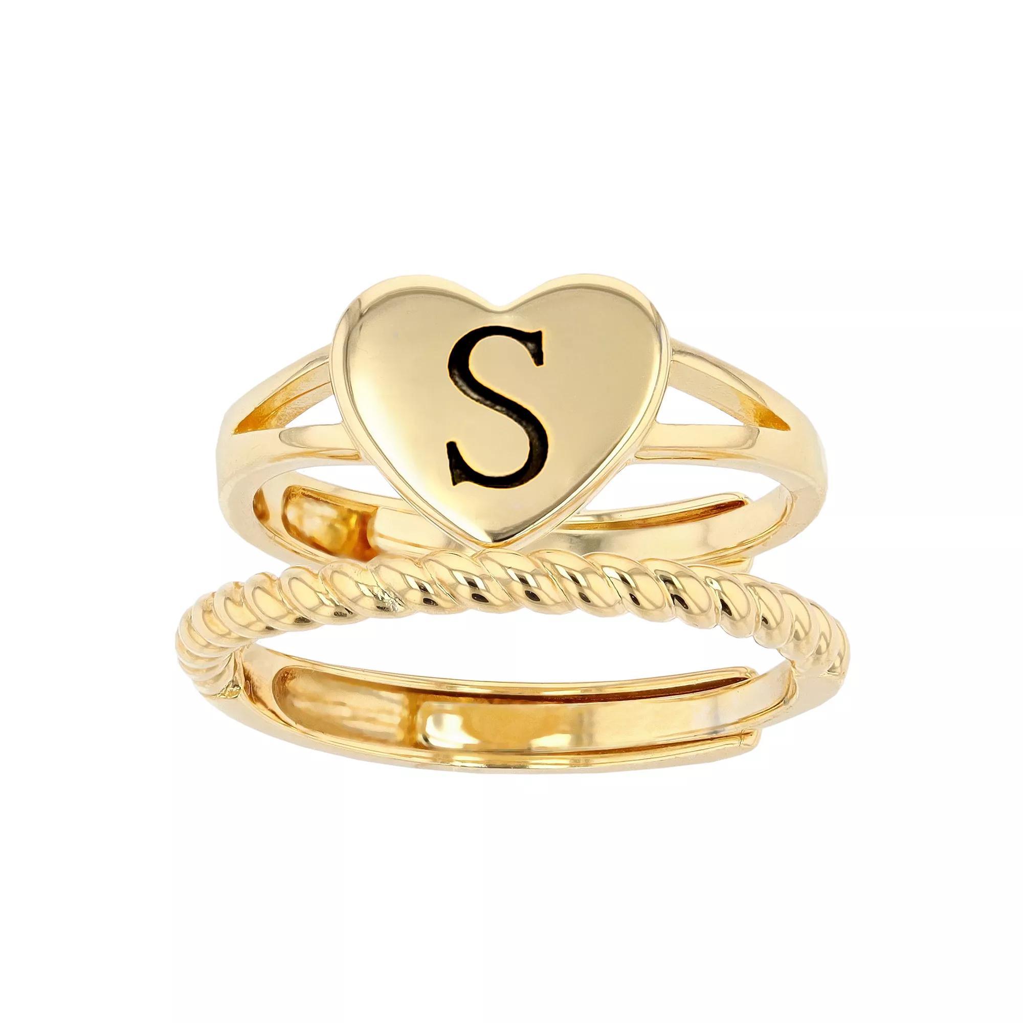 City Luxe Heart Initial & Textured Band Ring Set, Women's, Gold Tone A Product Image