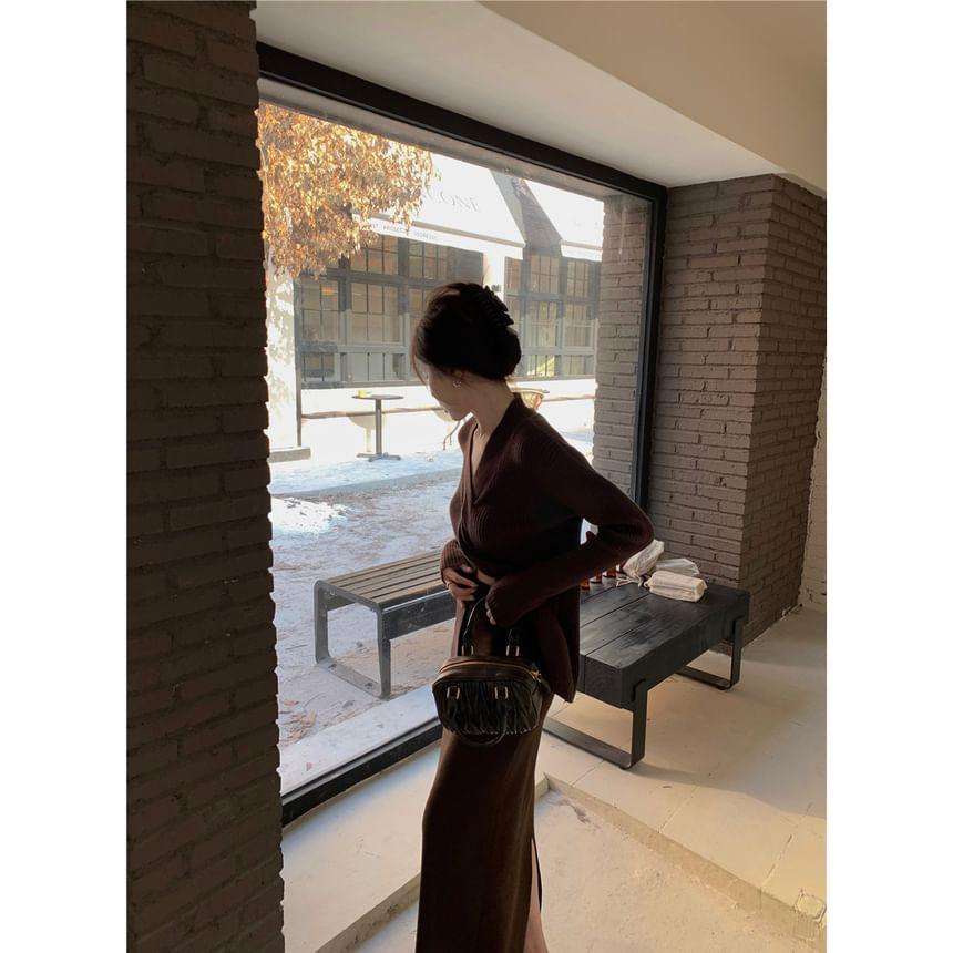 Long Sleeve V-Neck Plain Twist Ribbed Knit Top / High Waist Plain Maxi Pencil Skirt Product Image