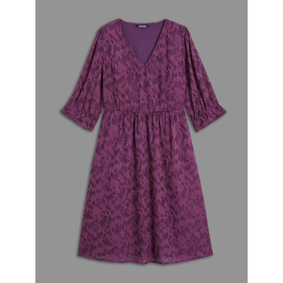 Plus Size V Neck Burn-out Fabric Midi Dress Deeppurplered Women Elegant Texture V-neck Elbow-length sleeve Curvy BloomChic 12/L Product Image