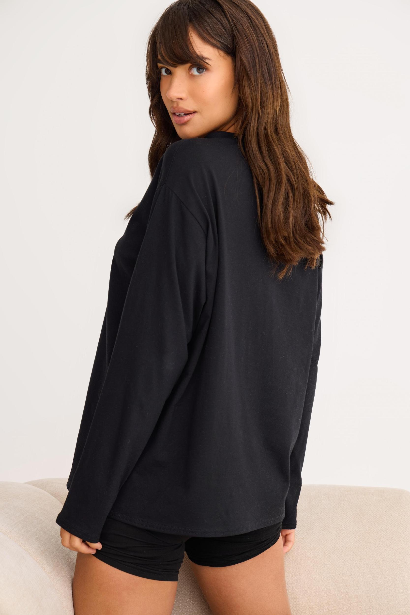 Black Cotton Basic Oversized Long Sleeve T-shirt Product Image