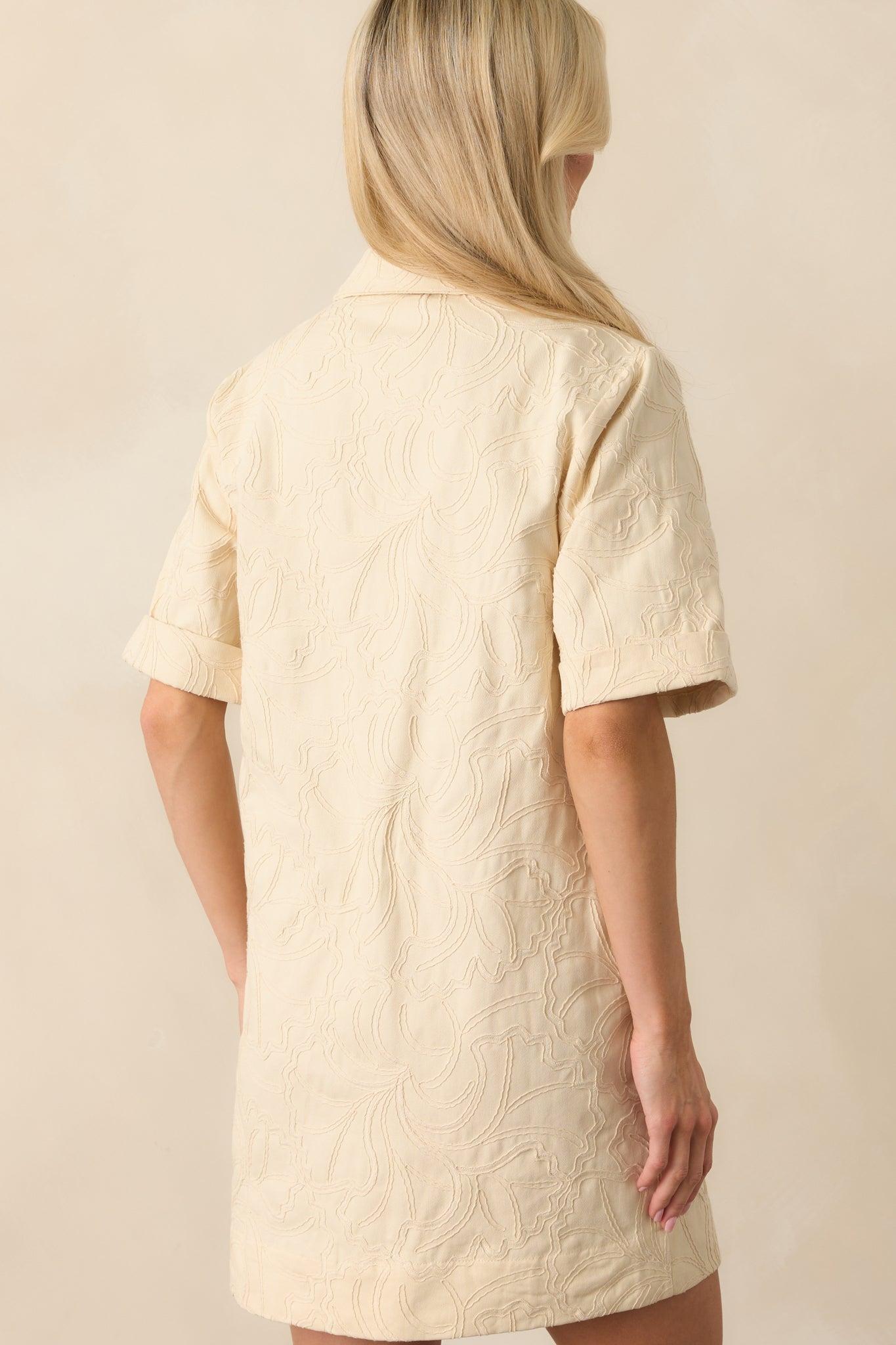 Purposefully Subtle Ivory Floral Embroidered Cotton Denim Mini Dress Product Image