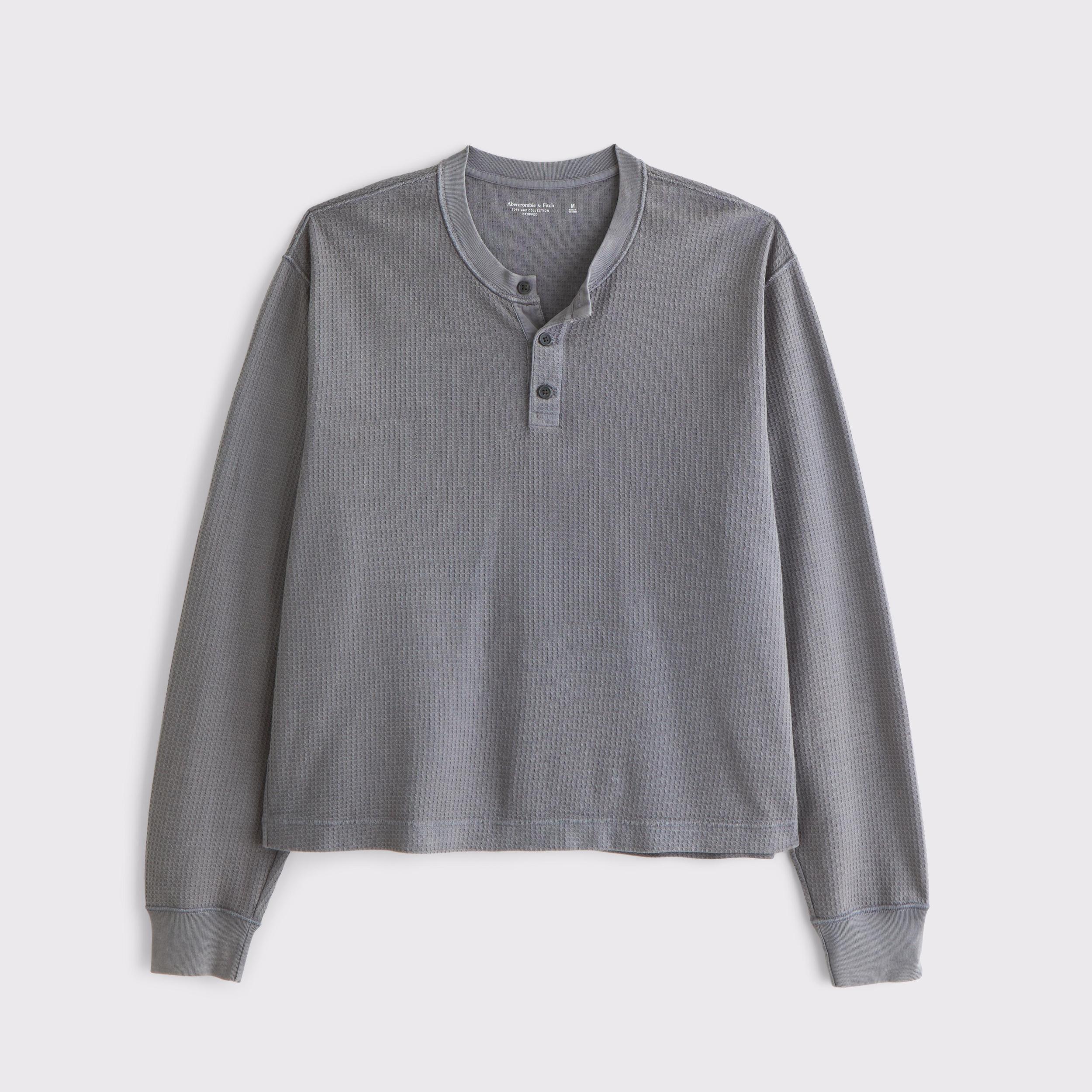Long-Sleeve Grid Waffle Cropped Henley Product Image