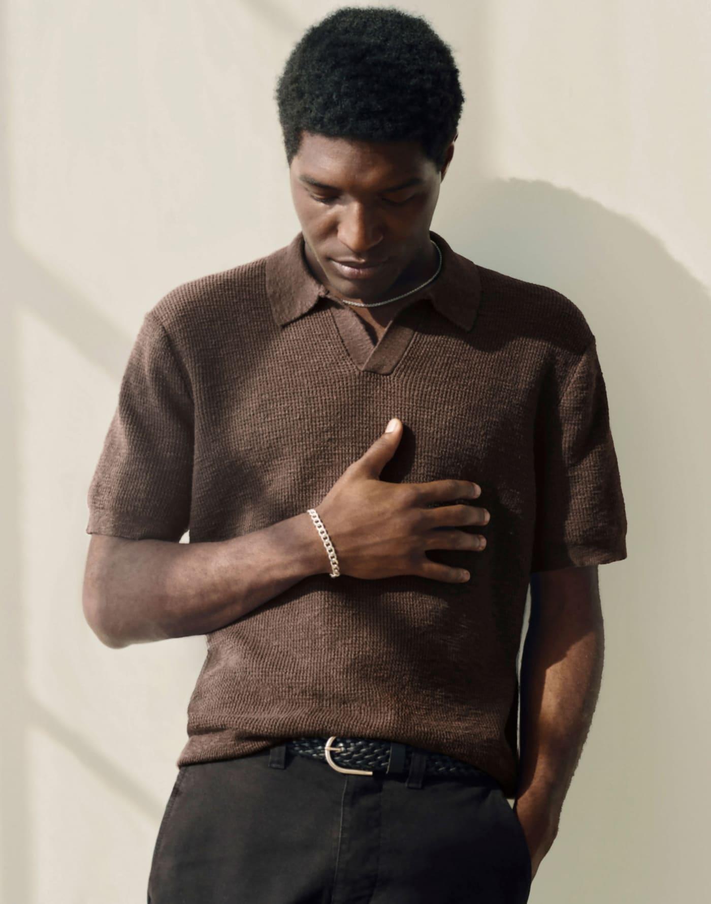 Waffle-Knit Johnny-Collar Sweater Polo Product Image