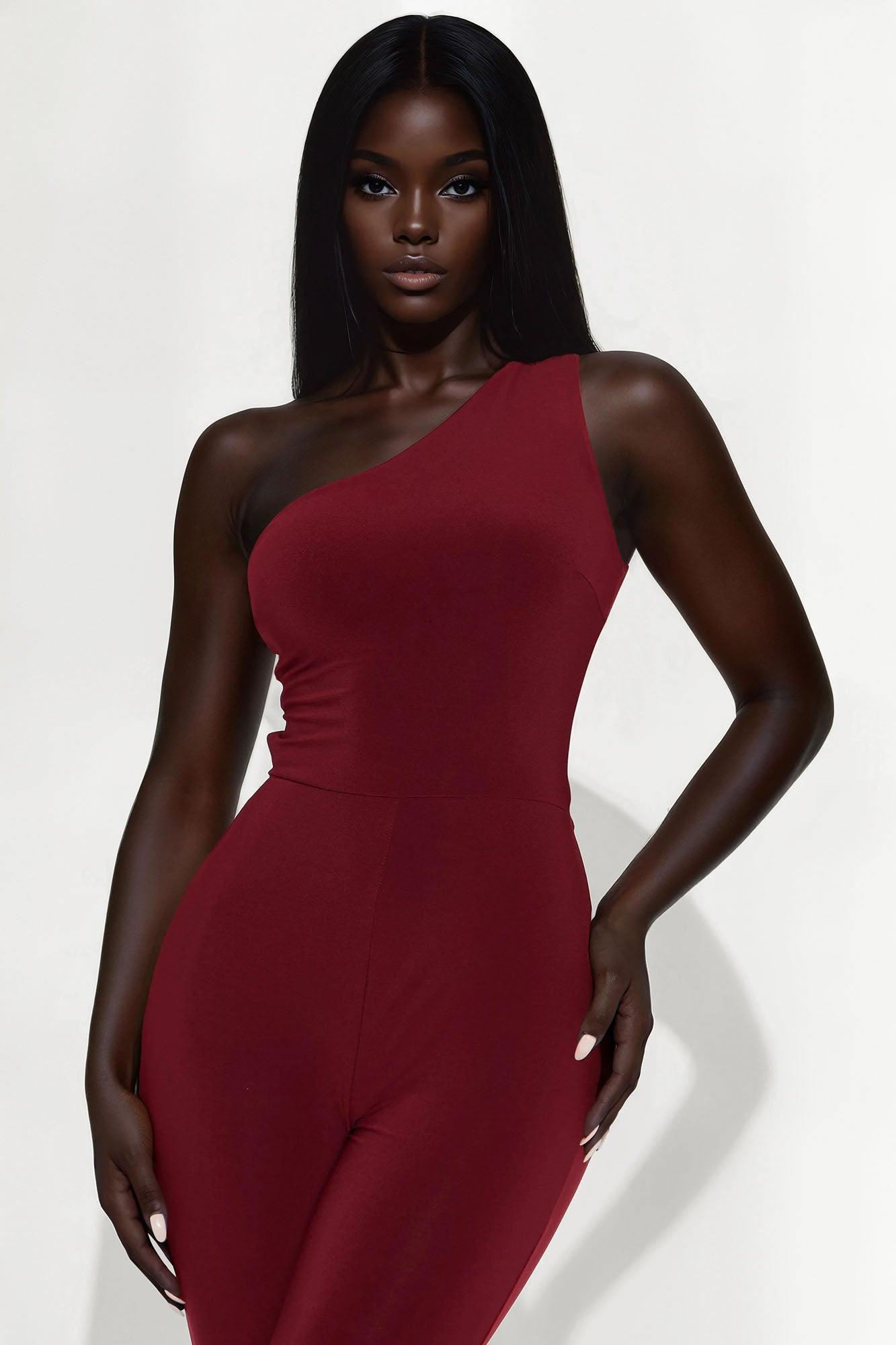 Flirty And Fun One Shoulder Jumpsuit - Burgundy Product Image