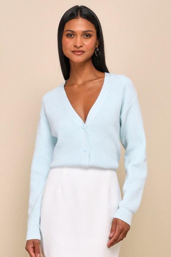 Toasty Babe Light Blue Knit Button-Up Cropped Cardigan Product Image