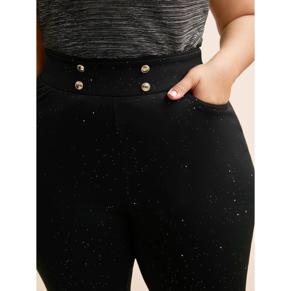 Plus Size Glitter Button Detail Skinny Pants Women Black Basics Skinny High Rise Everyday Pants BloomChic 30/6X Product Image