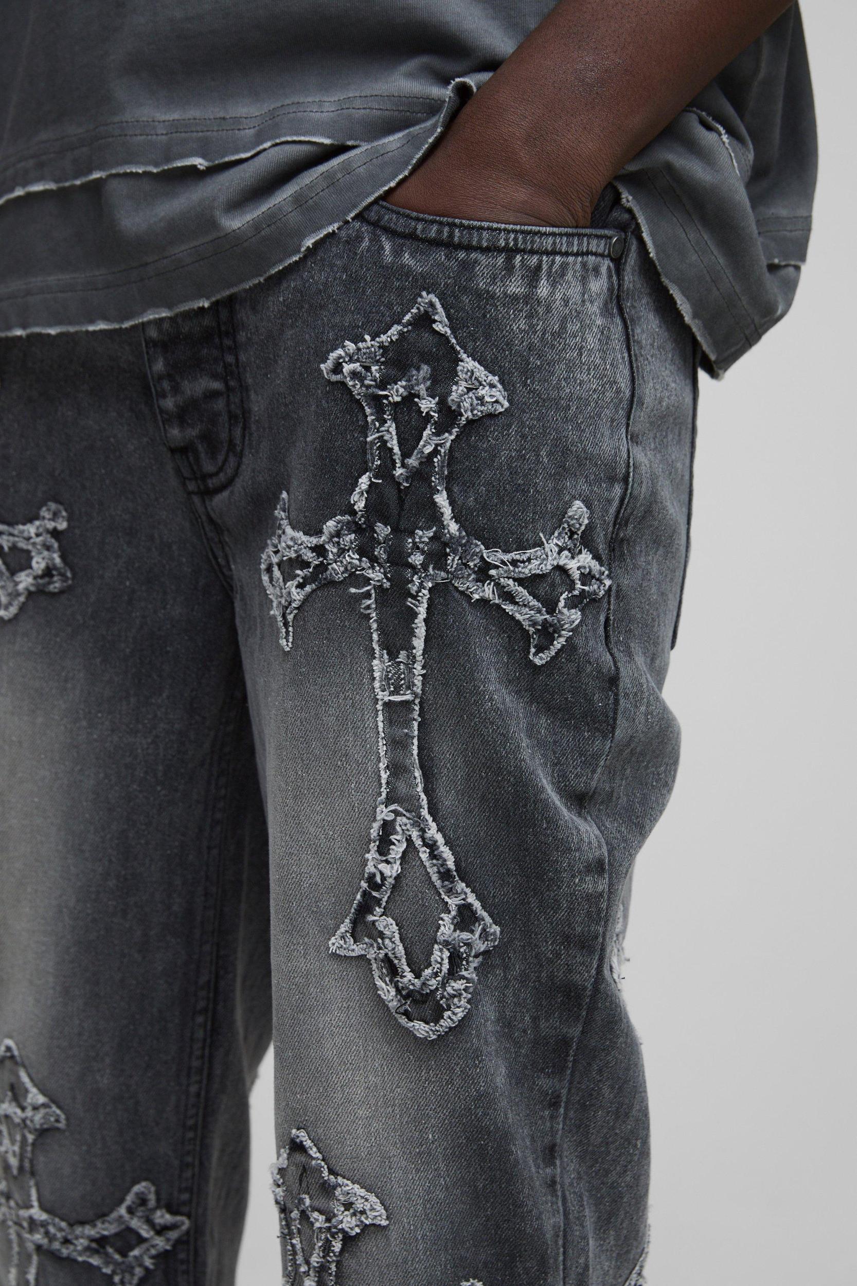 Slim Flared Acid Wash Cross Applique Gusset Jeans | boohooMAN USA Product Image