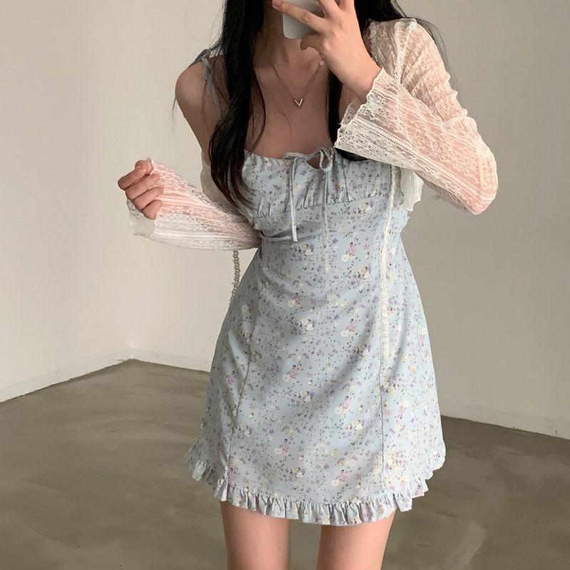 Spaghetti Strap Floral Print Ruffle Hem Mini Dress Product Image