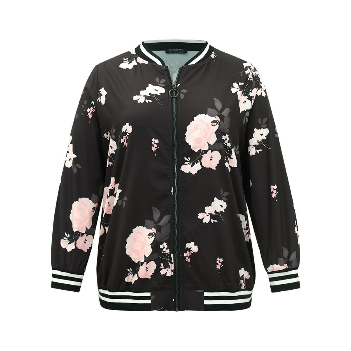 Plus Size Floral Contrast Trim O Ring Zipper Jacket Women Black Elastic cuffs Dailywear Jackets BloomChic 14-16/1X Product Image