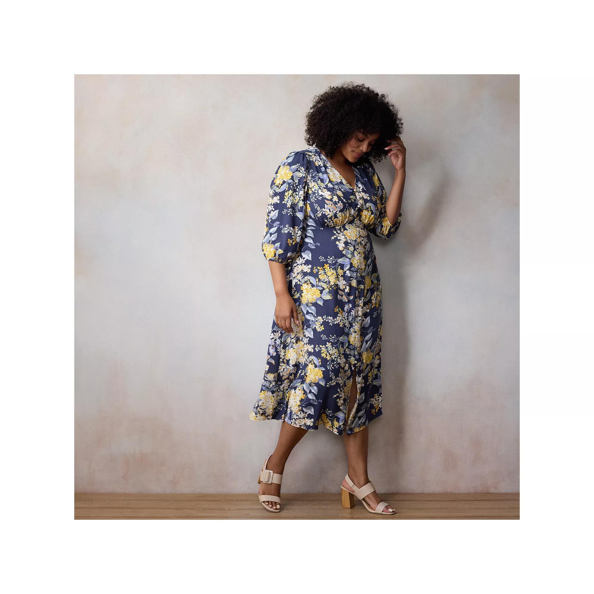 Plus Size LC Lauren Conrad V-Neck Button Front Midi Dress, Women's, Size: 4XL, Blue Florabelles Product Image