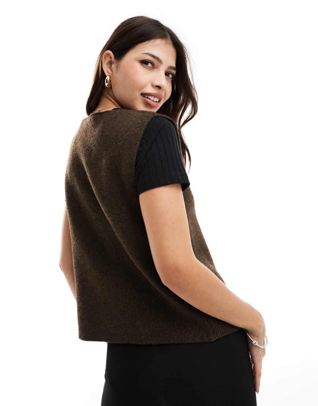 Threadbare v-neck knit button up vest in light brown Product Image
