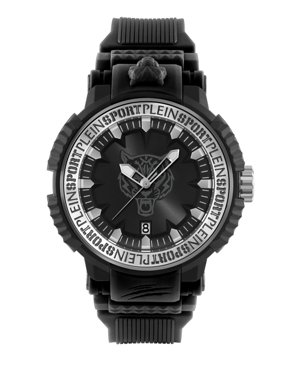 Plein Sport Mens Tiger Power 3 Hand Date Quartz Black Silicone Strap 45mm - Black Product Image