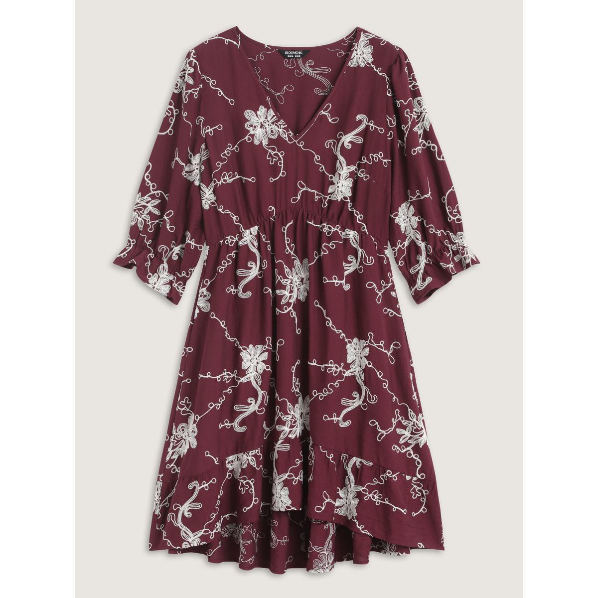 Plus Size Floral Embroidered Stretchy Waist Midi Dress Deeppurplered Women V-neck Half Sleeve Curvy BloomChic 28/5X Product Image