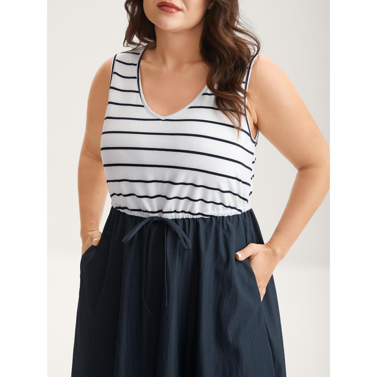 Plus Size Stripes Color Contrast Pockets Midi Dress Indigo Women Round Neck Sleeveless Curvy BloomChic 12/L Product Image