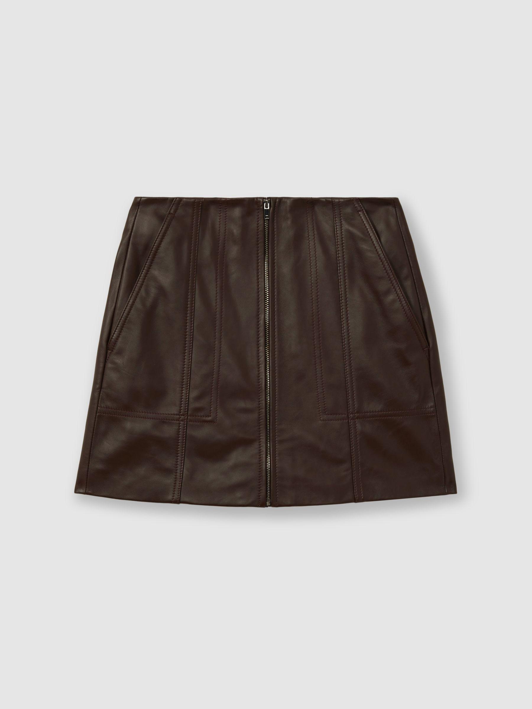 Leather Zip-Front Mini Skirt in Burgundy Product Image