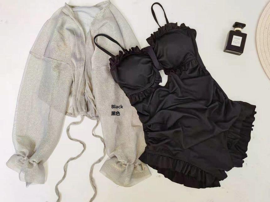 Spaghetti-Strap Ruffled Cut-Out Swimsuit / Cover-Up / Set Product Image