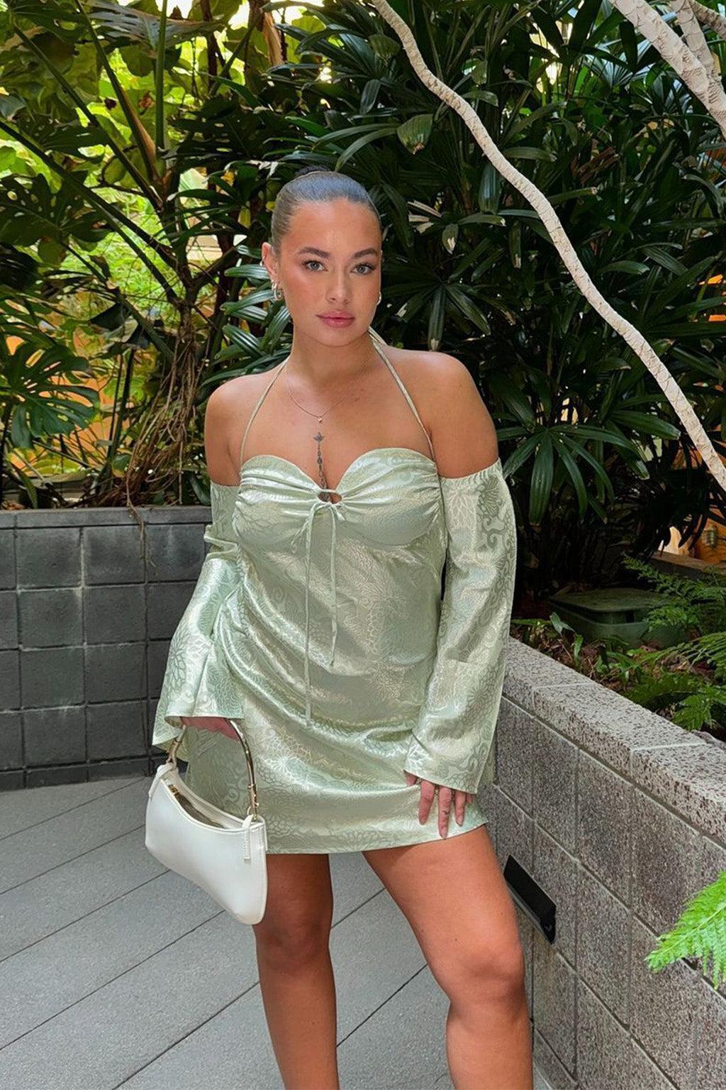 Pearlina Sage Printed Satin Mini Dress Product Image