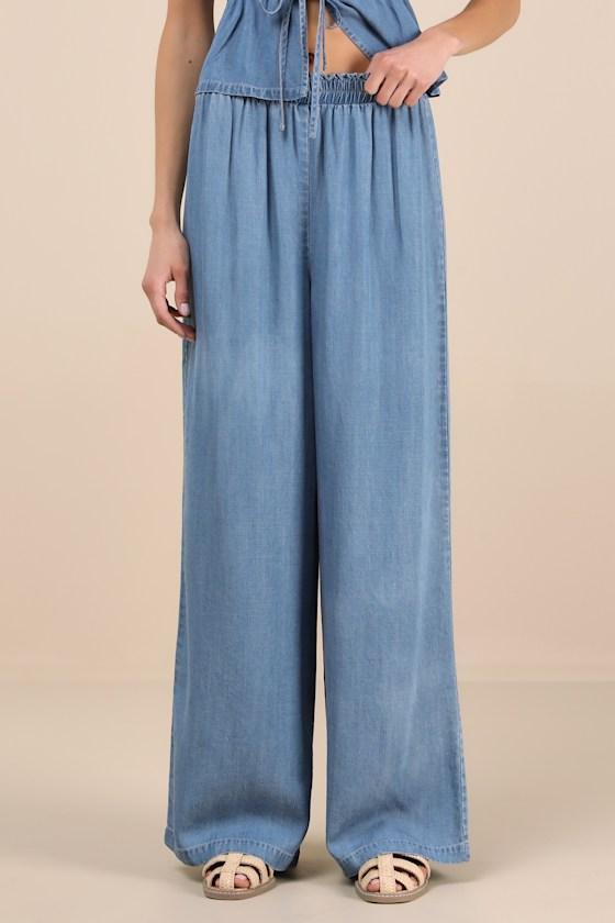 Maldwyn Blue Chambray High-Rise Wide-Leg Pants Product Image