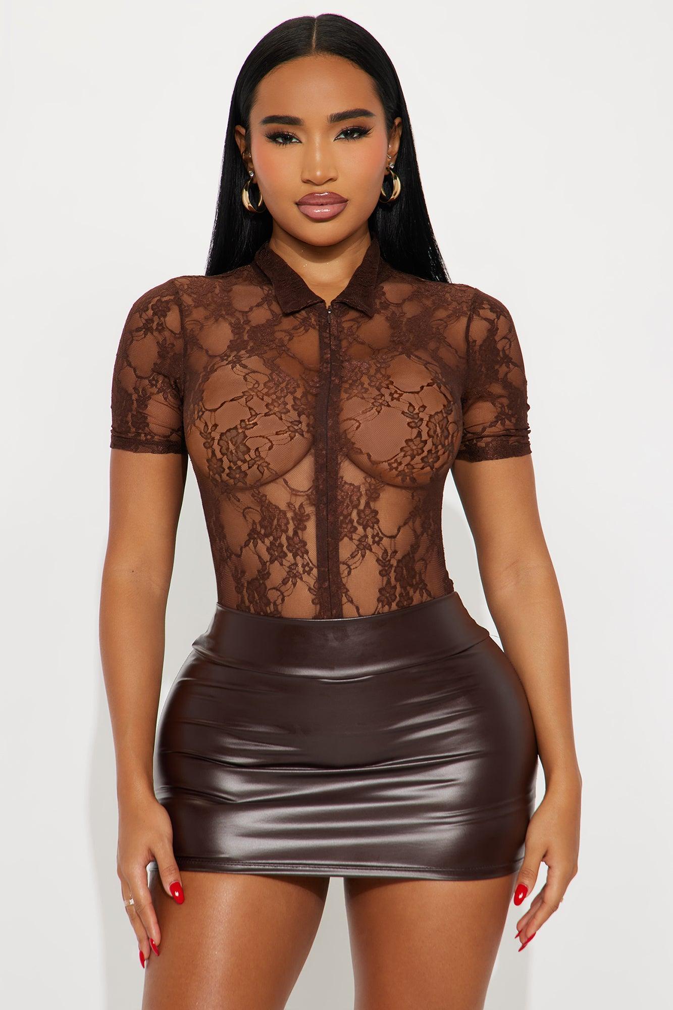 Timea Short Sleeve Lace Bodysuit - Brown Product Image