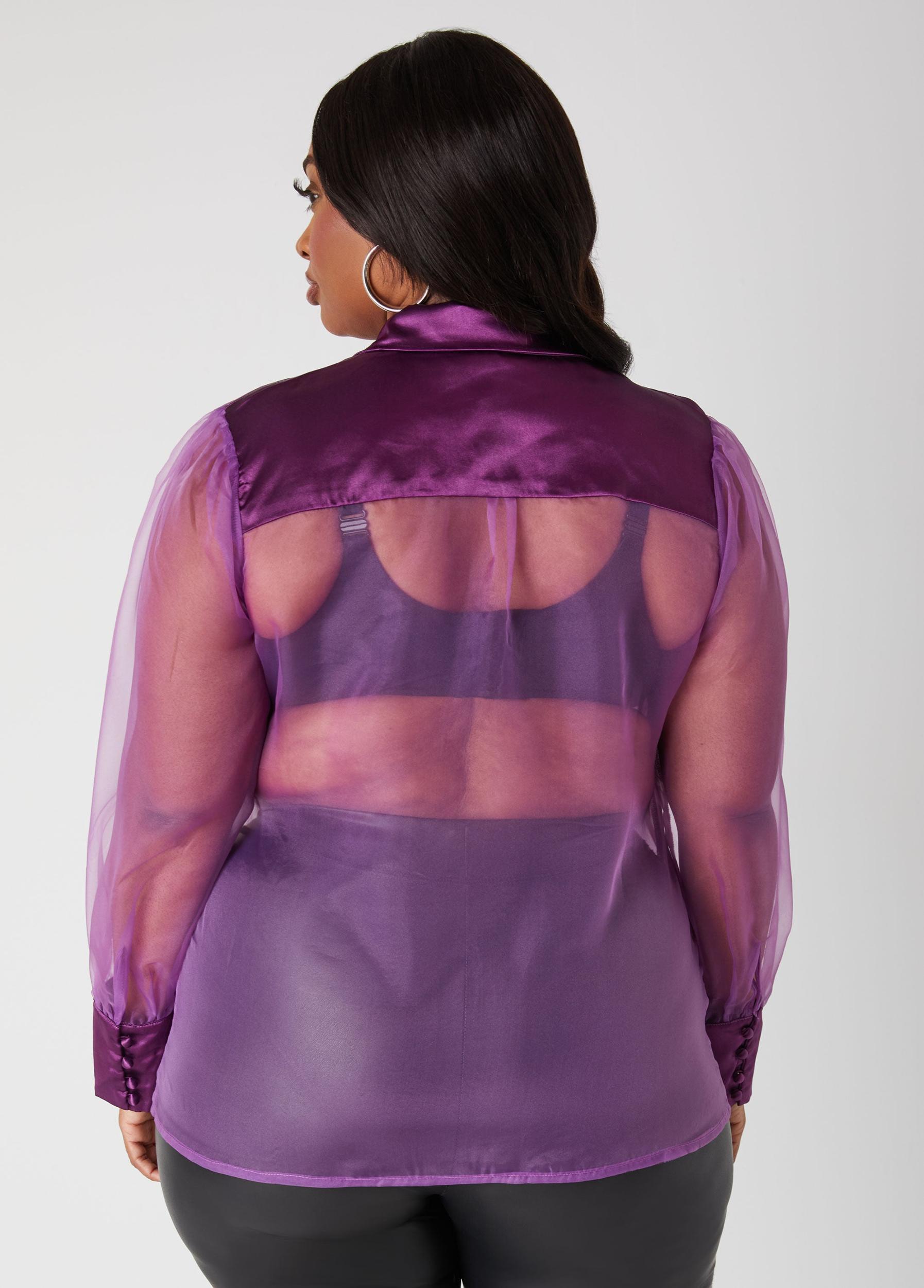 Plus Size Satin Paneled Chiffon Shirt Ashley Stewart Product Image