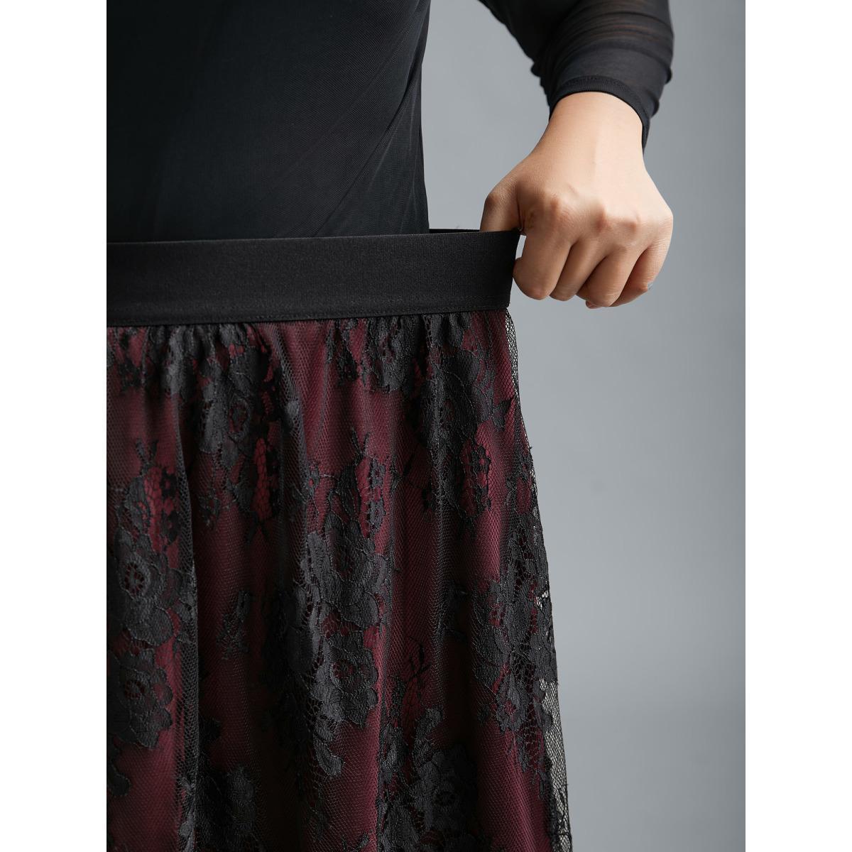 Plus Size Floral Crochet Lace Mesh Stretchy Skirt Women Deepred Elegant Tiered Low stretch Side seam pocket Everyday Skirts BloomChic 30/6X Product Image