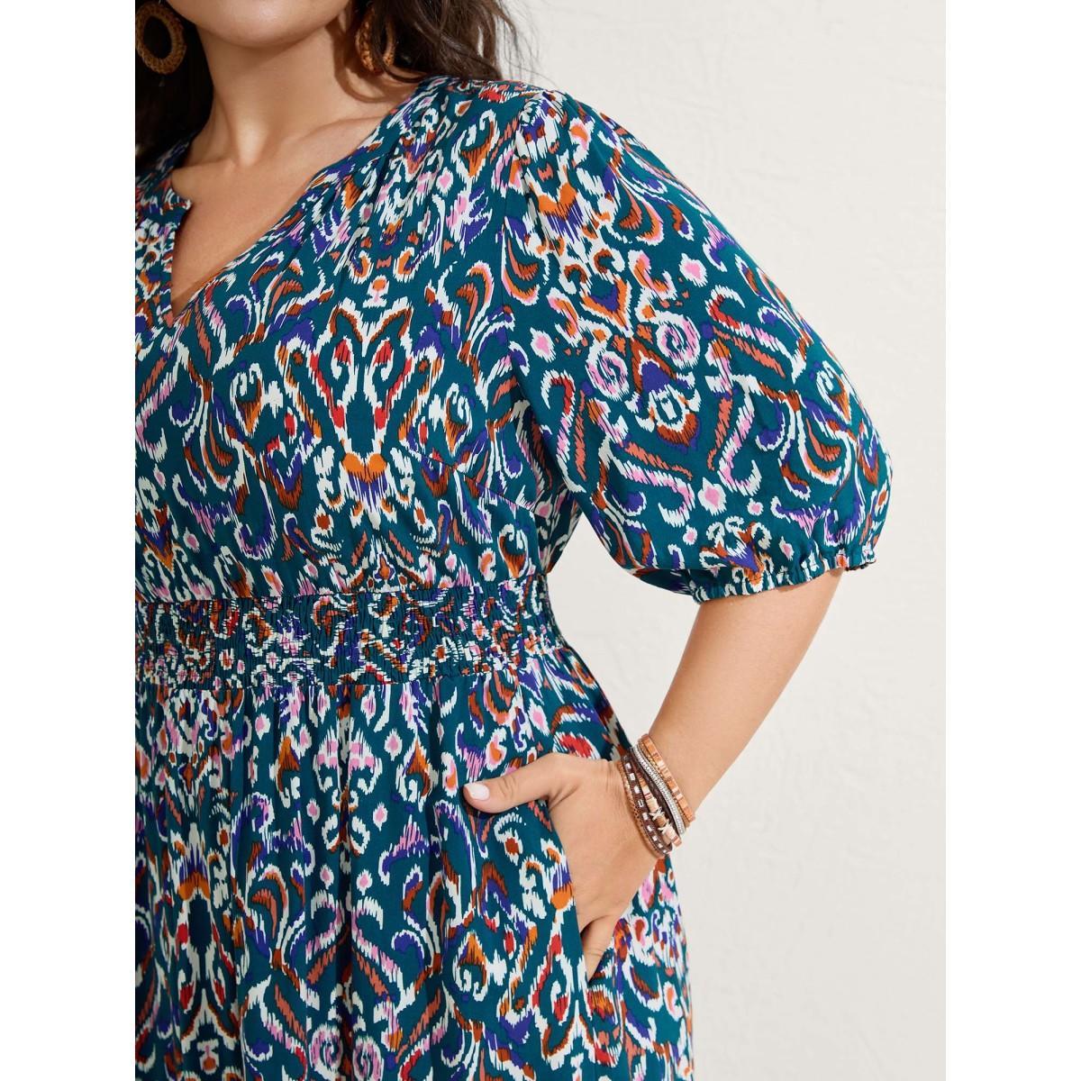 Plus Size Abstract Print Shirred Waist Midi Dress Aegean Women Flat collar with V-notch Half Sleeve Curvy BloomChic 18-20/2X Product Image