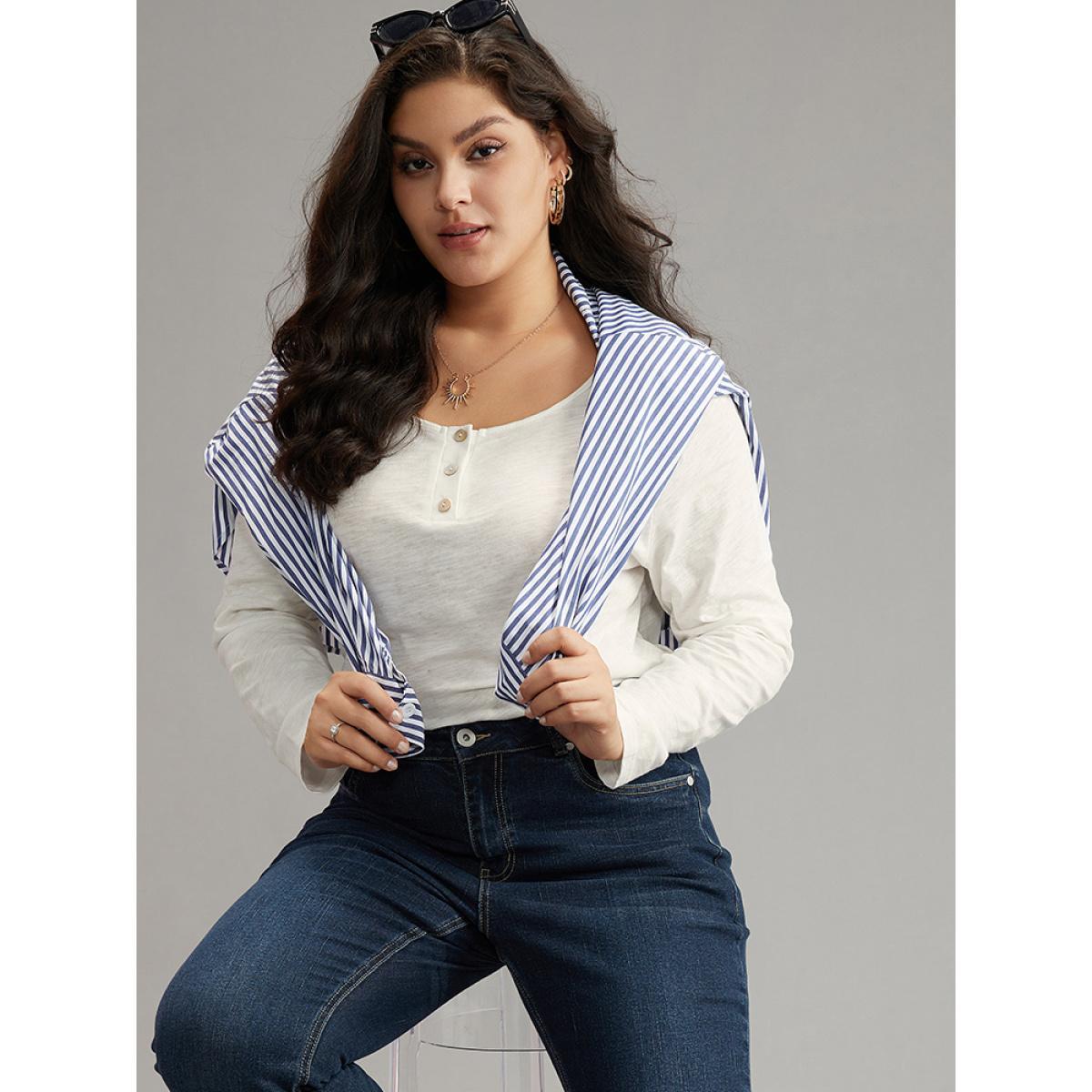 Plus Size Cotton Solid Button Up Crew Neck T-shirt White Women Casual Plain Plain Open Front Dailywear T-shirts BloomChic 18-20/2X Product Image
