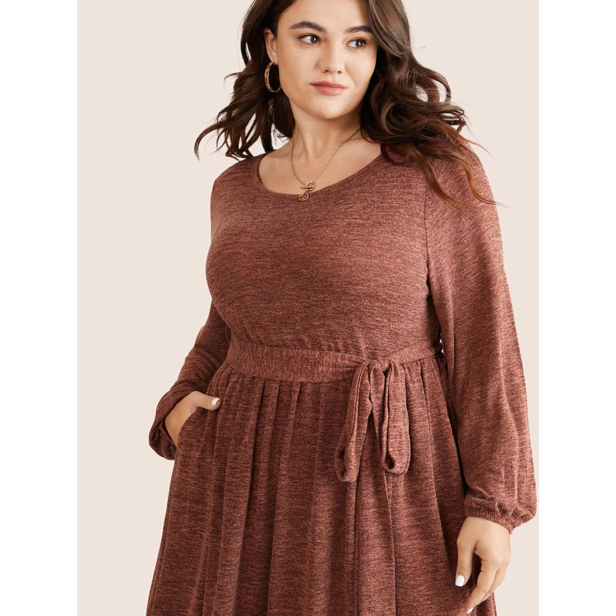 Plus Size Solid Belted Elastic Cuffs Jacquard Dress Rust Women Casual Elastic cuffs Round Neck Long Sleeve Curvy Midi Dress BloomChic 28/5X Product Image