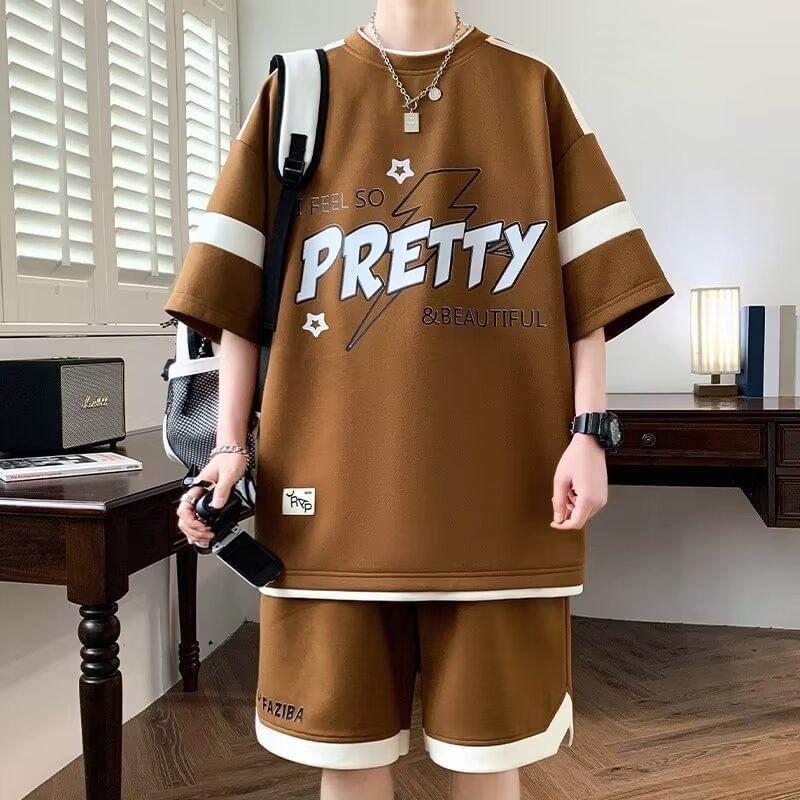 Set: 3/4-Sleeve Crew Neck Mock Two-Piece Two Tone Lettering Print T-Shirt + Drawstring Waist Wide Leg Sweat Shorts Product Image
