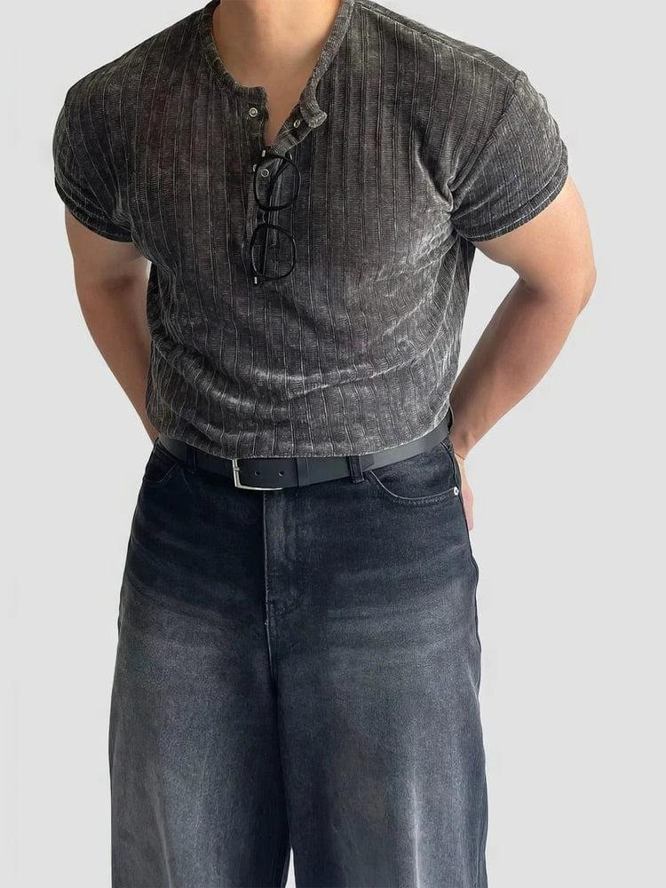 RT No. 19030 GRAY HENRY COLLAR KNIT SHORT SLEEVE Product Image
