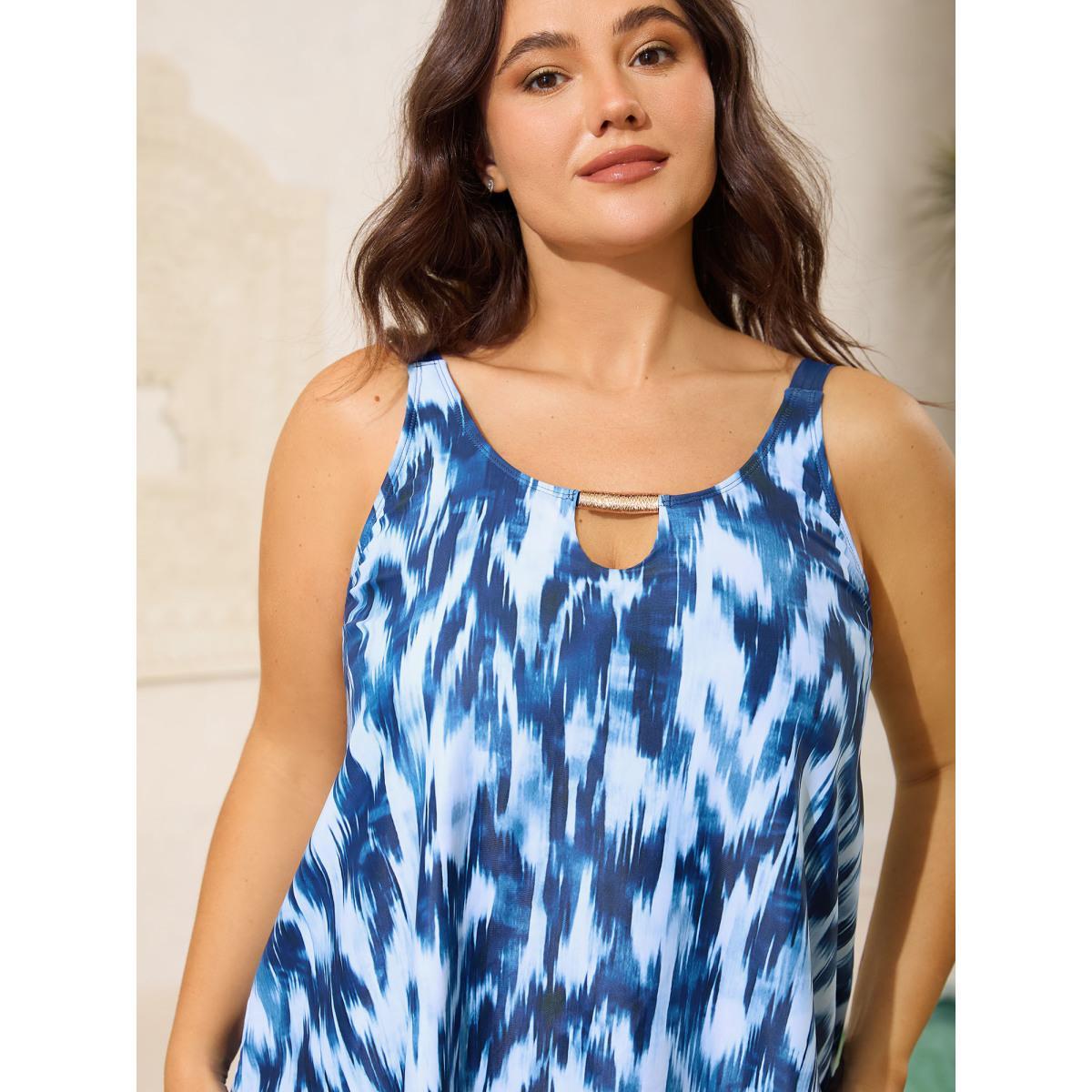 Plus Size Tie-Dye Like Neck Cut-Out Swim Top Women's Swimwear Indigo Beach High stretch Bodycon U-neck Curve Swim Tops BloomChic 22-24/3X Product Image