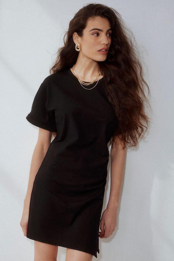 Effortless Approach Black Ruched Short Sleeve Mini Dress Product Image