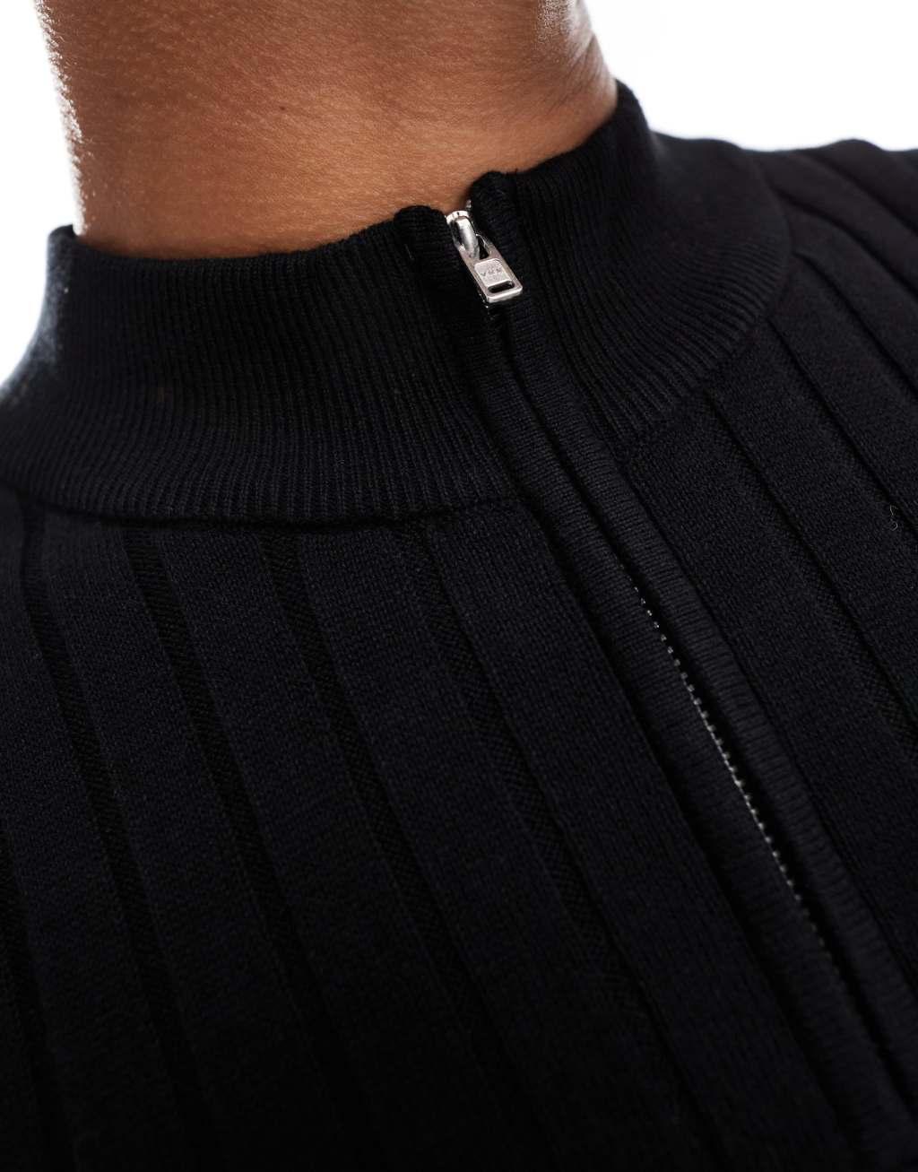 ASOS DESIGN essential muscle fit knitted rib quarter zip sweater in black Product Image