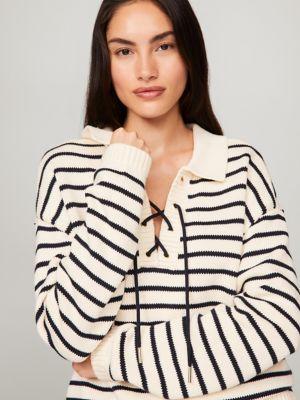 Stripe Lace-Up Polo Sweater Product Image
