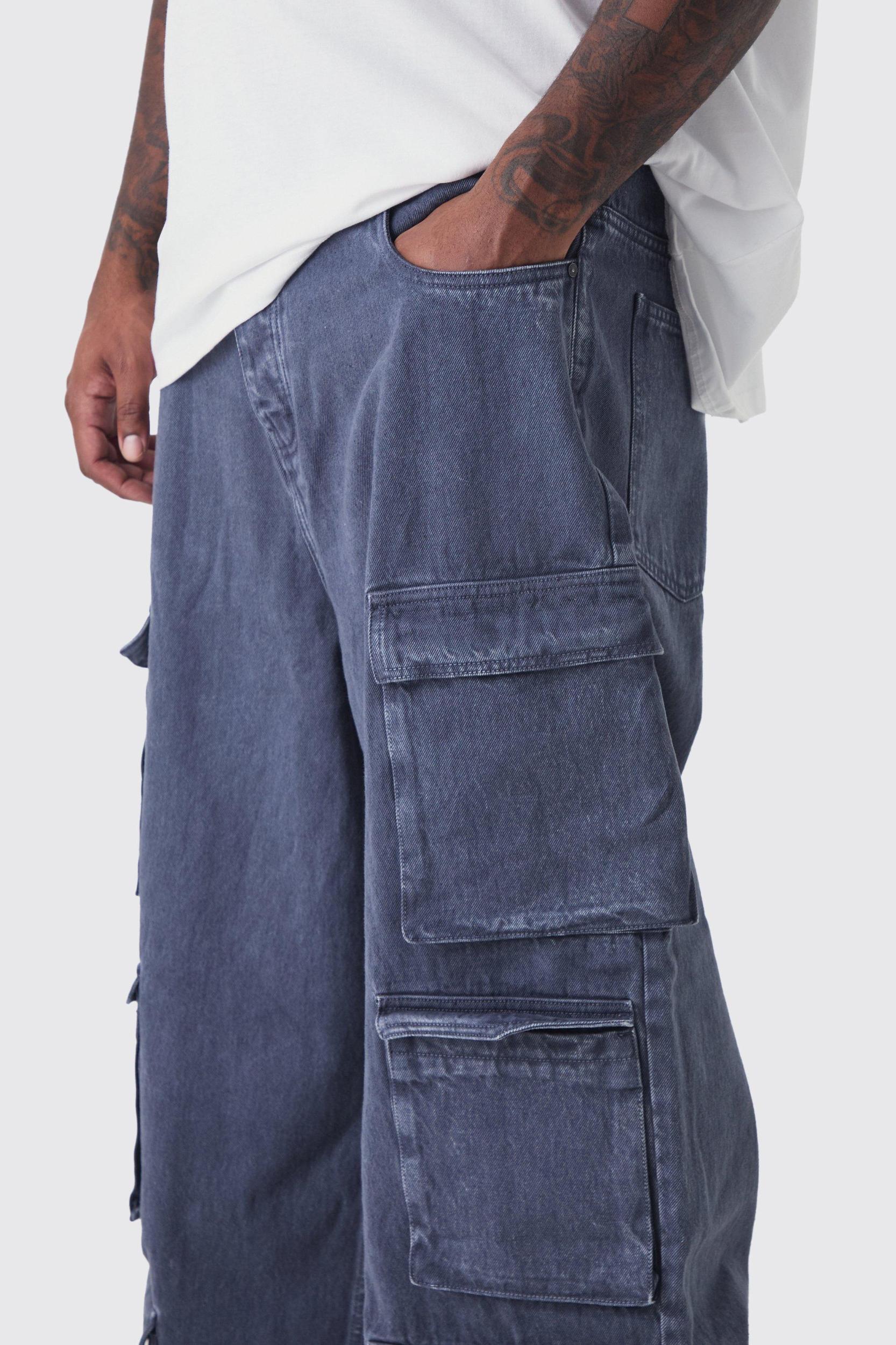 Plus Baggy Fit Washed Multi Pocket Cargo Jeans | boohooMAN USA Product Image