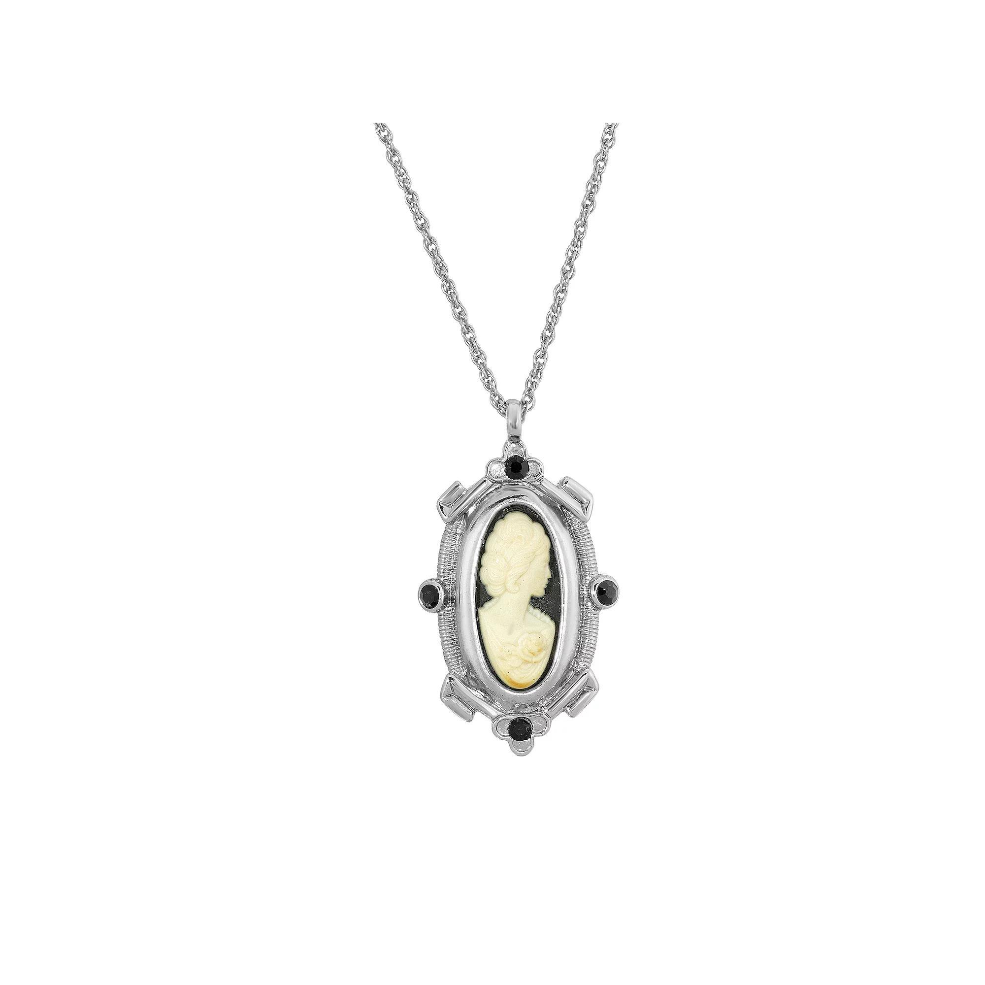 1928 Silver Tone Black & White Portrait Pendant Necklace, Womens Product Image