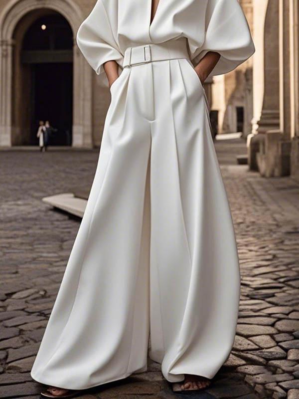Half Sleeves Loose No Belt Solid Color Deep V-Neck Jumpsuits Product Image