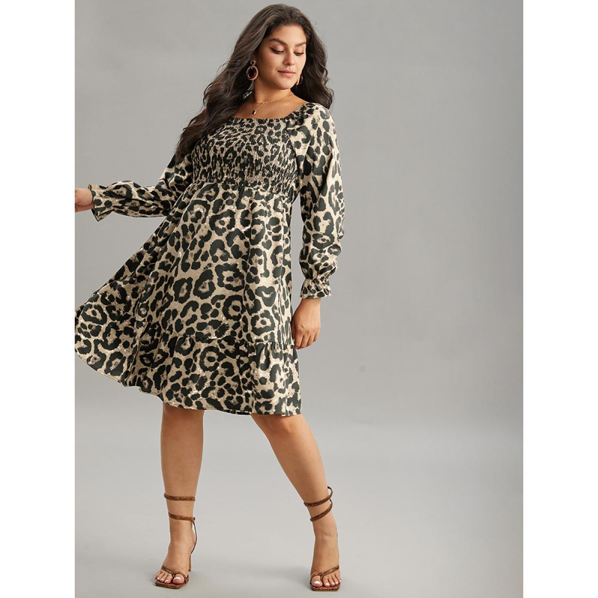 Plus Size Square Neck Leopard Shirred Ruffles Dress LightBrown Women Elegant Gathered Square Neck Long Sleeve Curvy Knee Dress BloomChic 18-20/2X Product Image