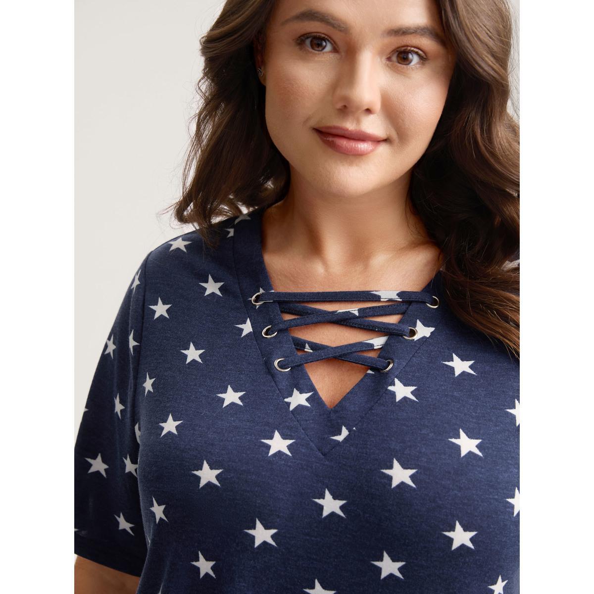 Plus Size Star Print Crisscross Neck Tie T-Shirt Navy Women Eyelet V-neck Everyday-Casual T-shirts BloomChic 22-24/3X Product Image