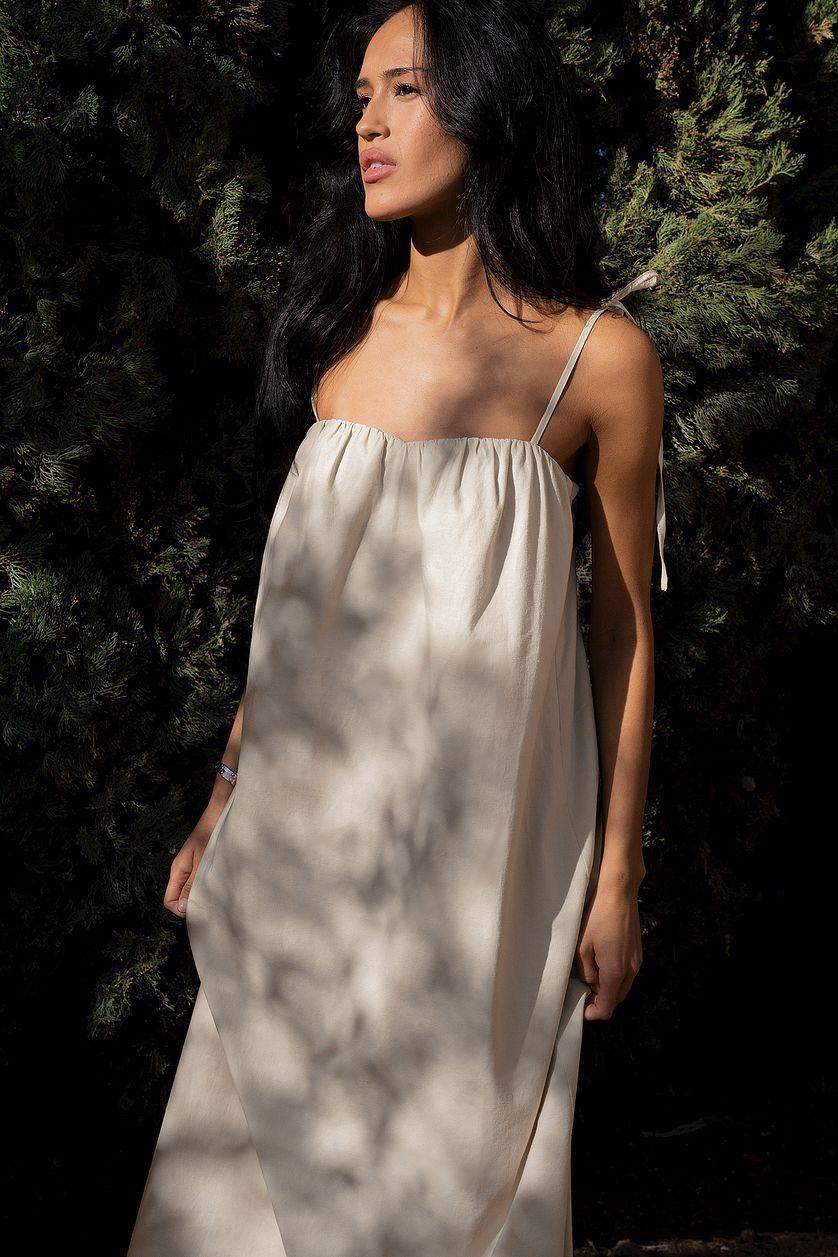 Linen Blend Tie Strap Midi Dress Product Image