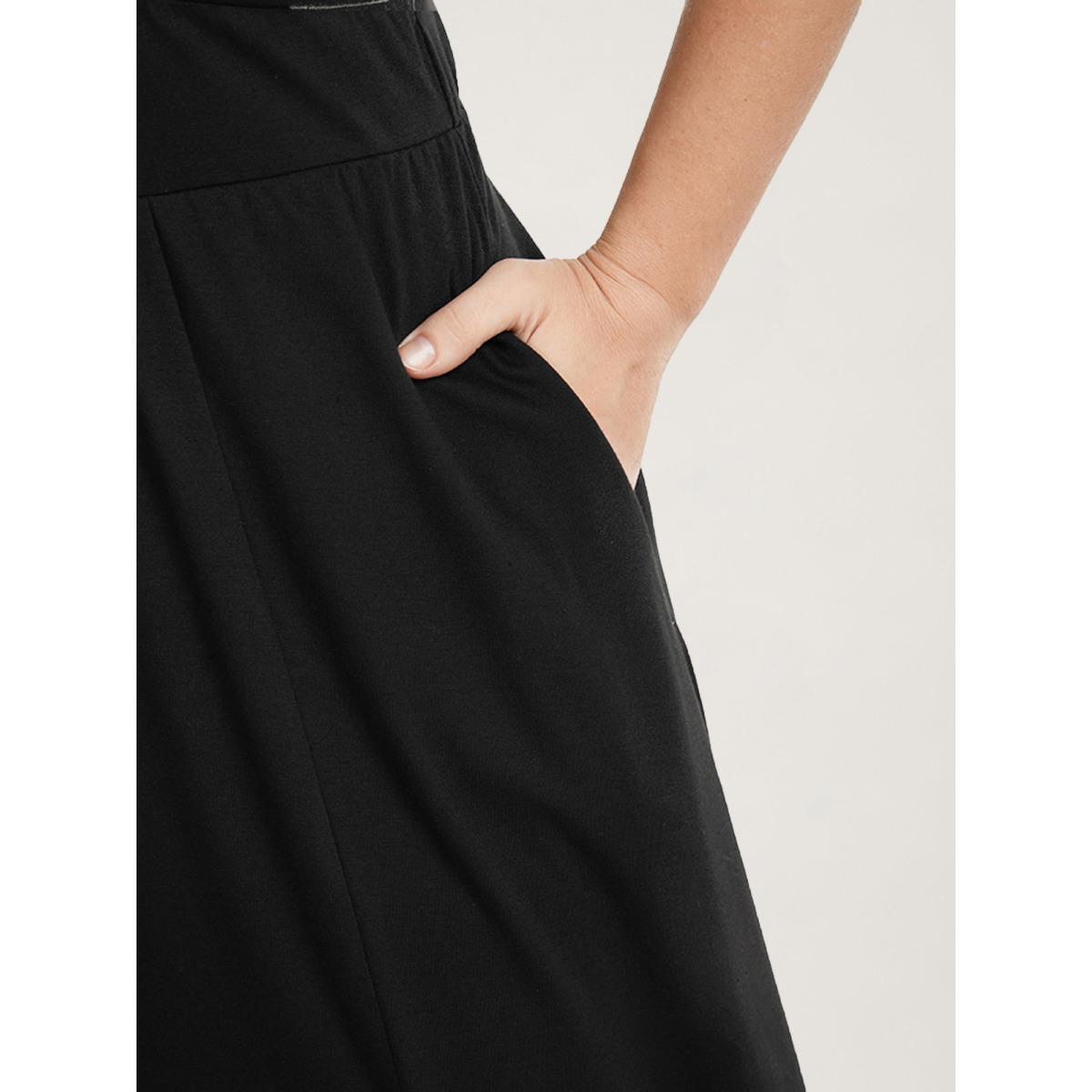 Plus Size Solid Pocket Contrast Lace Split Maxi Dress Black Women Elegant Patchwork V-neck Short sleeve Curvy Long Dress BloomChic 28/5X Product Image