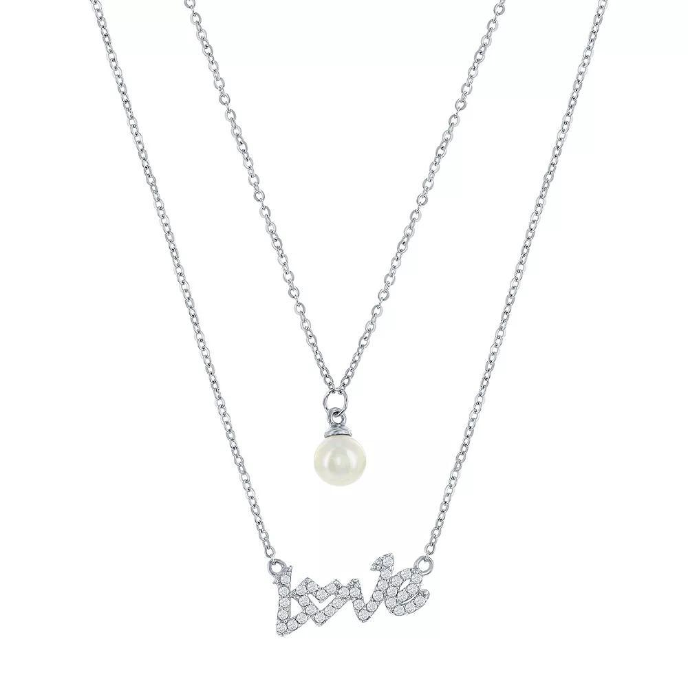 Sterling Silver Cubic Zirconia "Love" & Freshwater Cultured Pearl Layered Necklace, Women's, Size: 16" Product Image