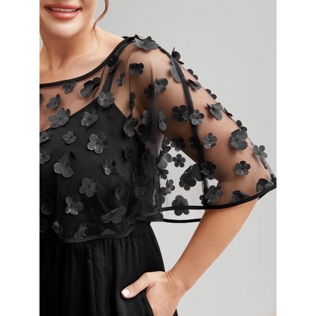 Plus Size Two-Piece Appliques Mesh Shawl Split Hem Dress Black Women Cocktail Texture Round Neck Short sleeve Curvy BloomChic 28/5X Product Image