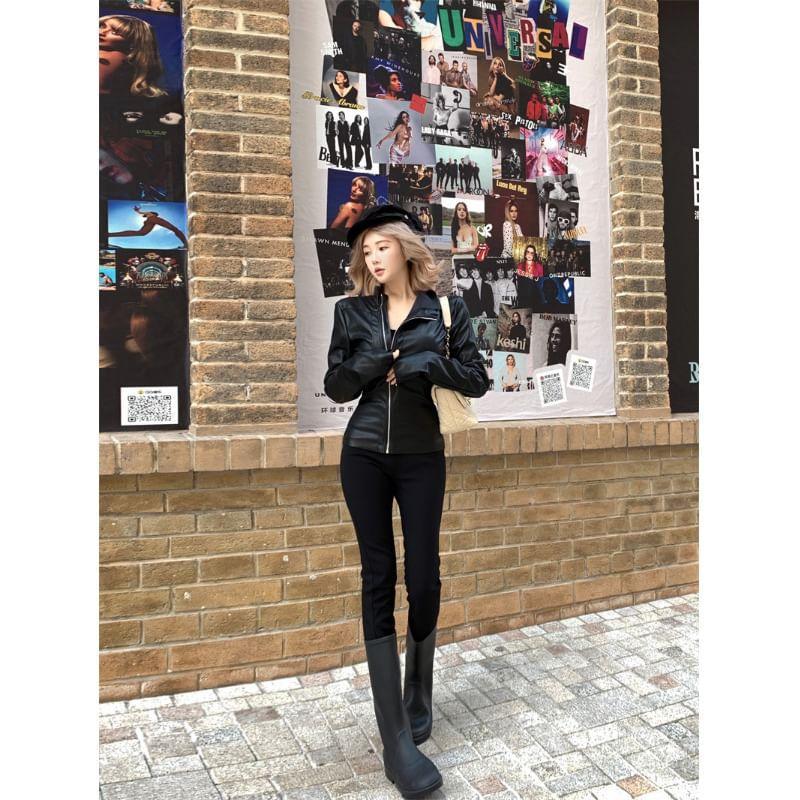 Scoop Neck Plain Camisole Top / Faux Leather Zip Jacket / High Waist Skinny Pants Product Image