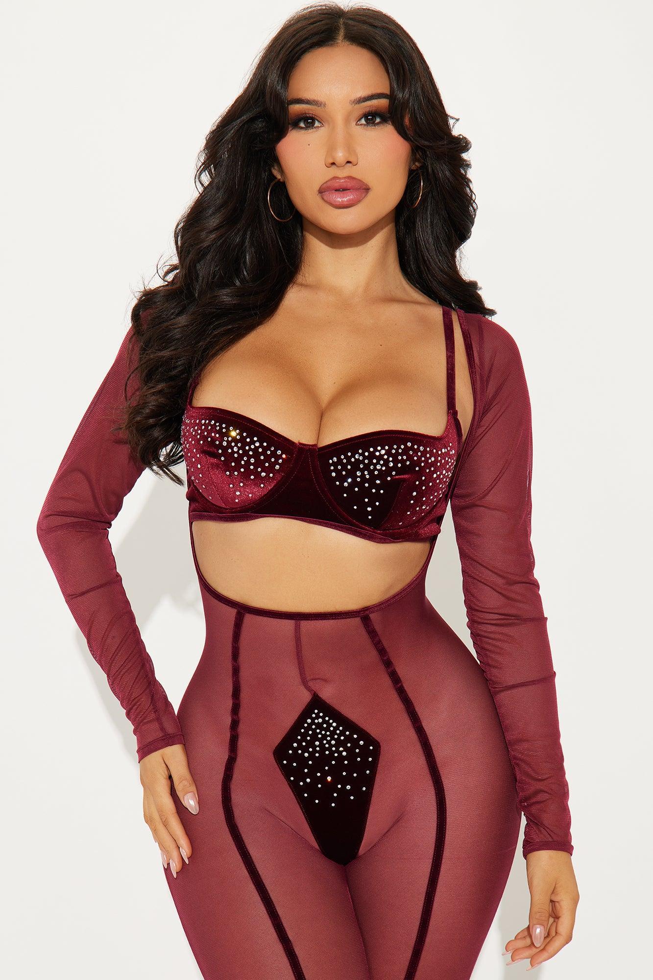 A Touch Of Glam Rhinestone Jumpsuit Bodystocking Set - Wine Product Image